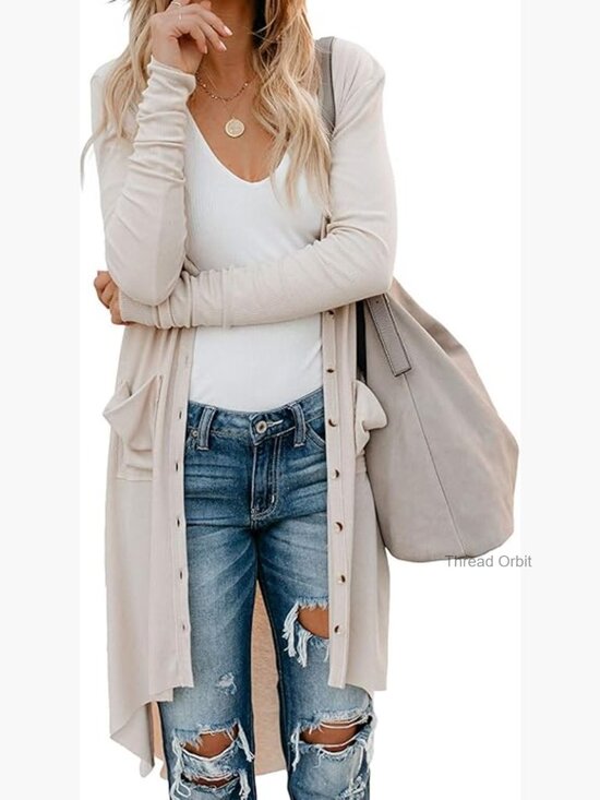 Sweaters - Long Cardigan with Pockets, High Low Hem, Button Down, Lightweight Knit